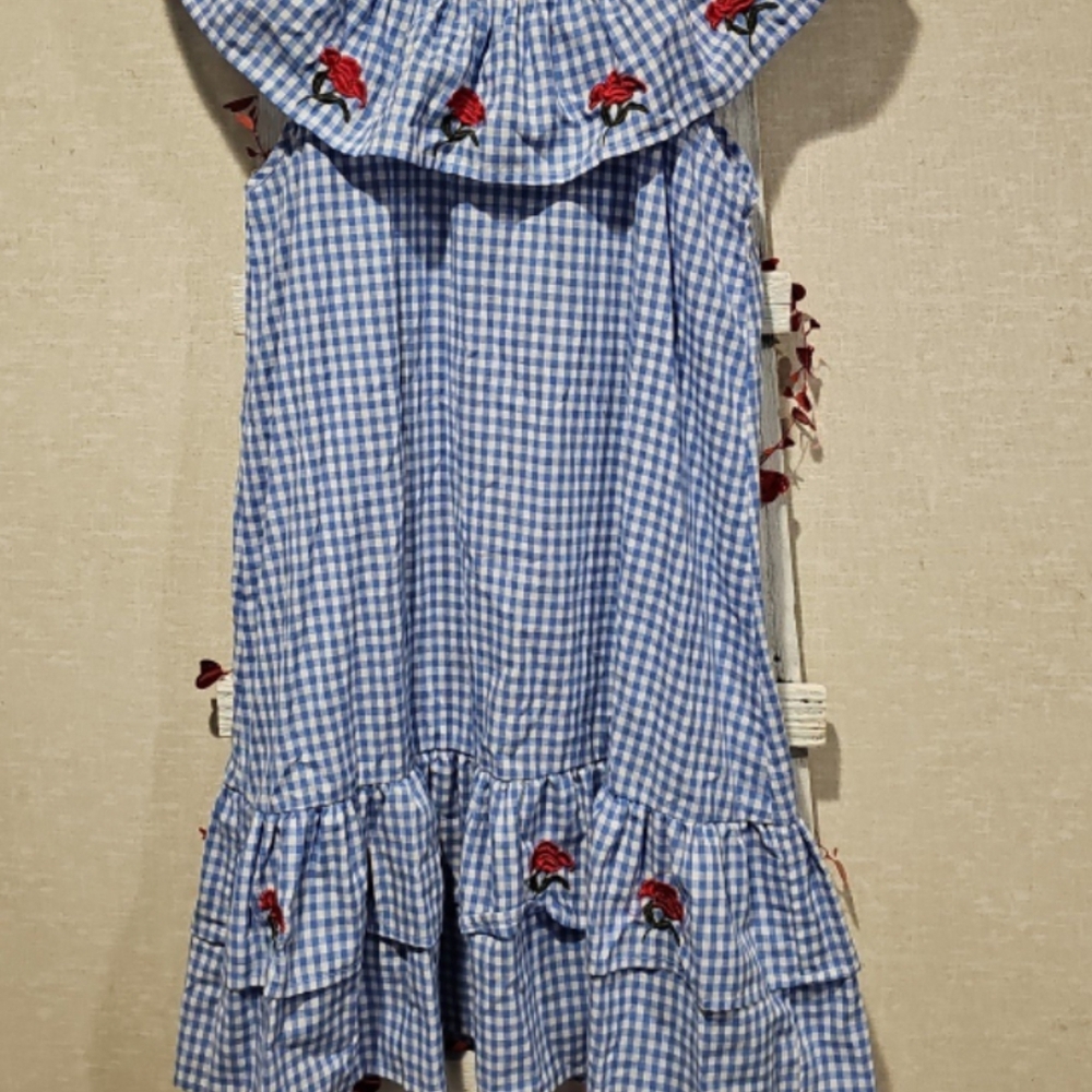 SHEIN Blue and White Ruffled Tiered Sundress Off Shoulder
